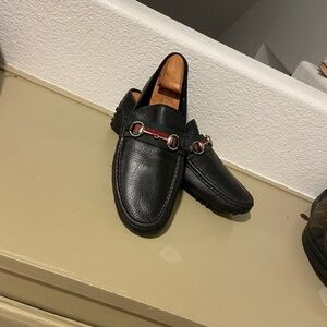 Black Leather Loafers with Red Accent